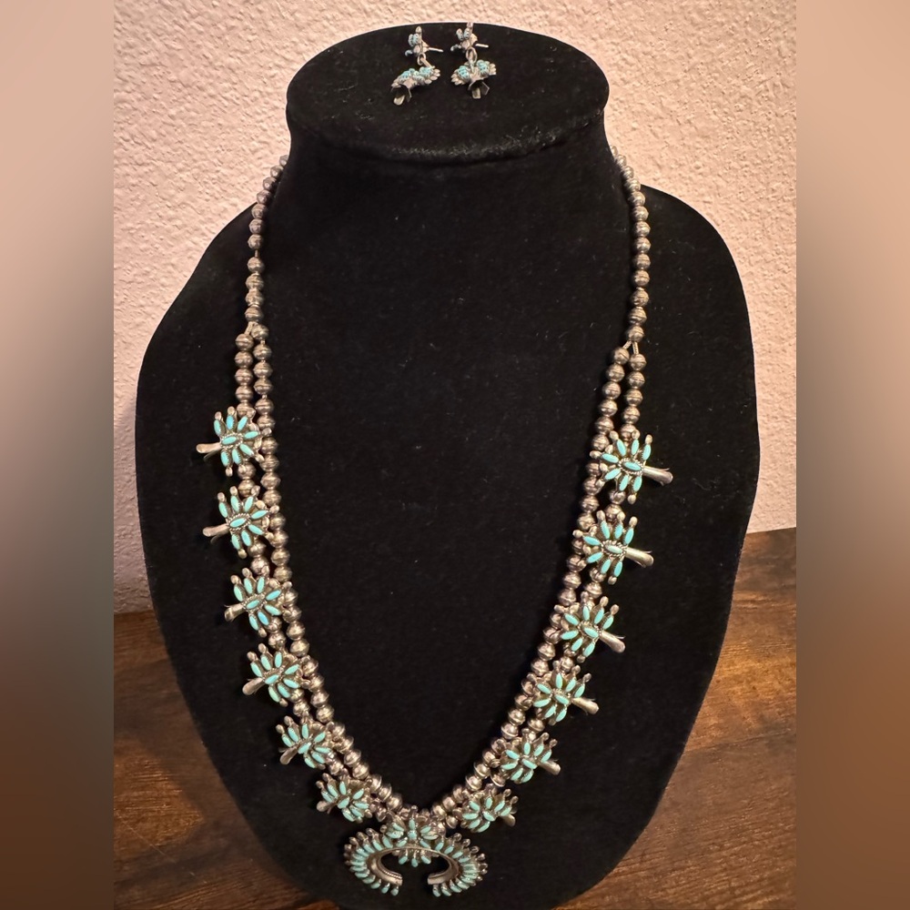 Vintage Needlepoint Squash Blossom Necklace and Earrings Set- Authentic